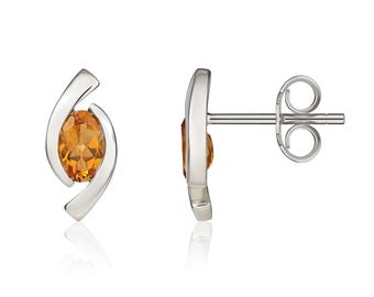 9CT White Gold, 6x4mm Oval Citrine 'Eye' Design Stud Earrings