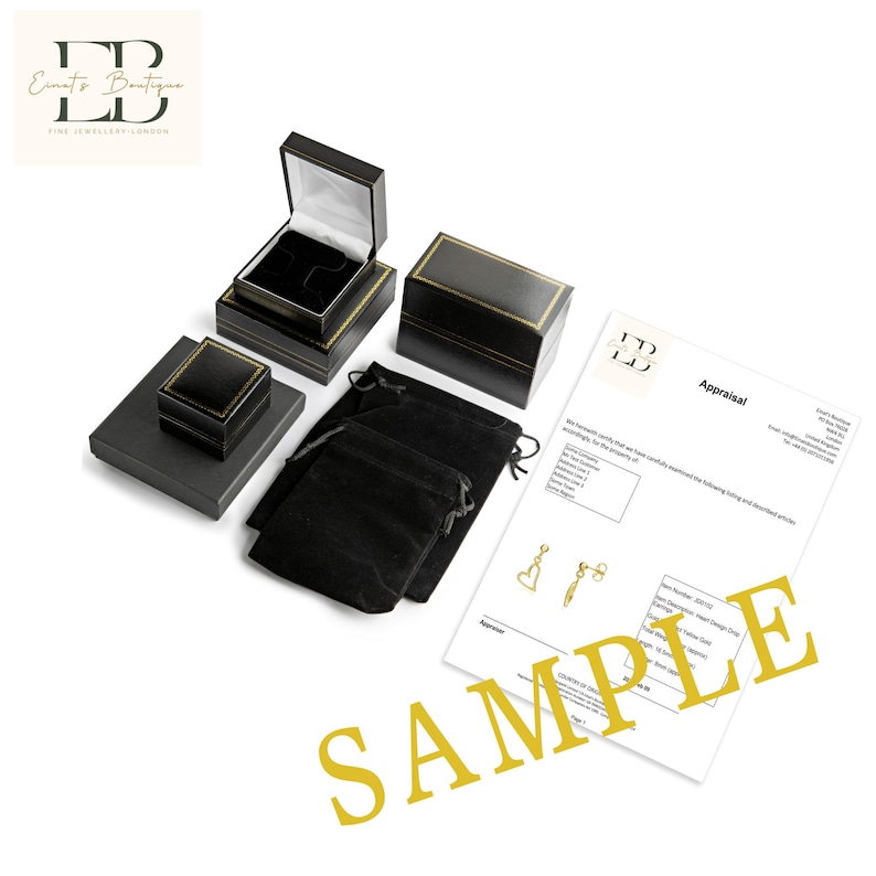 May include: A black velvet jewelry pouch, a black jewelry box with a gold trim, and a black jewelry box with a gold trim. A white appraisal document with the text "Appraisal" and a gold heart-shaped earring design. The document has the text "E.B. Fine Jewellery London" at the top.