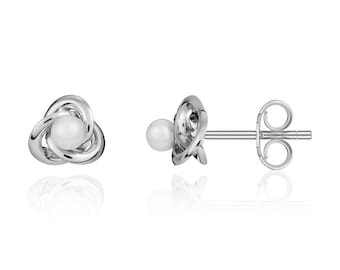 9CT White Gold Pearl and Knot Stud Earrings