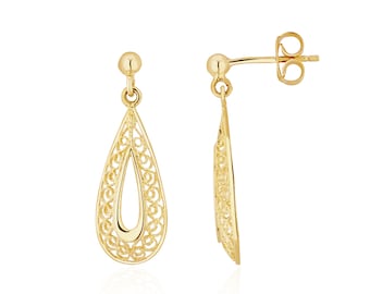 9CT Yellow Gold Pear Shape Filigree Drop Earrings