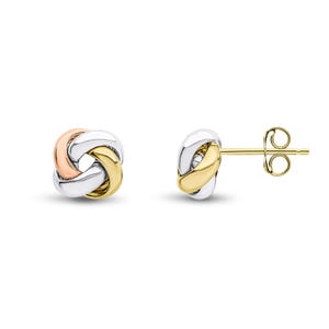 Three Tone 18CT Gold Polished 4 Strand Knot Stud Earrings, 8mm