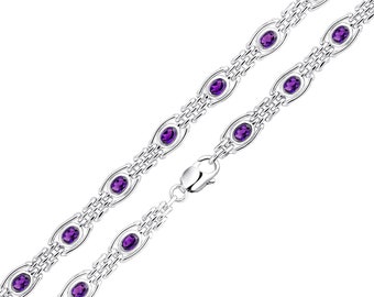 Handmade 925 Sterling Silver, Gate Design & Amethyst Bracelet, 7.5"