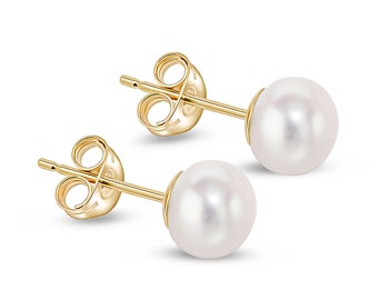 9CT Yellow Gold Freshwater Button Pearl Stud Earrings, 6.5mm