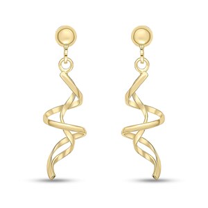 May include: A pair of gold-coloured spiral drop earrings. Each earring has a circular stud at the top, connected to a spiralling, ribbon-like design that hangs down. The earrings are shown against a white background.