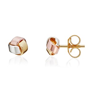 Three Tone 9CT Gold 3 Row Polished Knot Stud Earrings