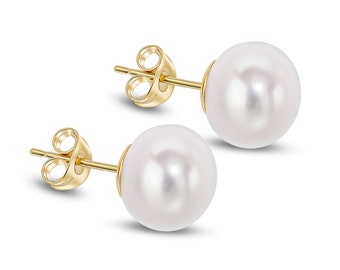 9CT Yellow Gold Freshwater Button Pearl Stud Earrings, 9mm