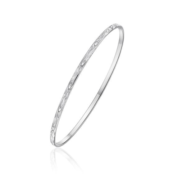 925 Sterling Silver Diamond Cut Flat Stacker Bangle With Engraved