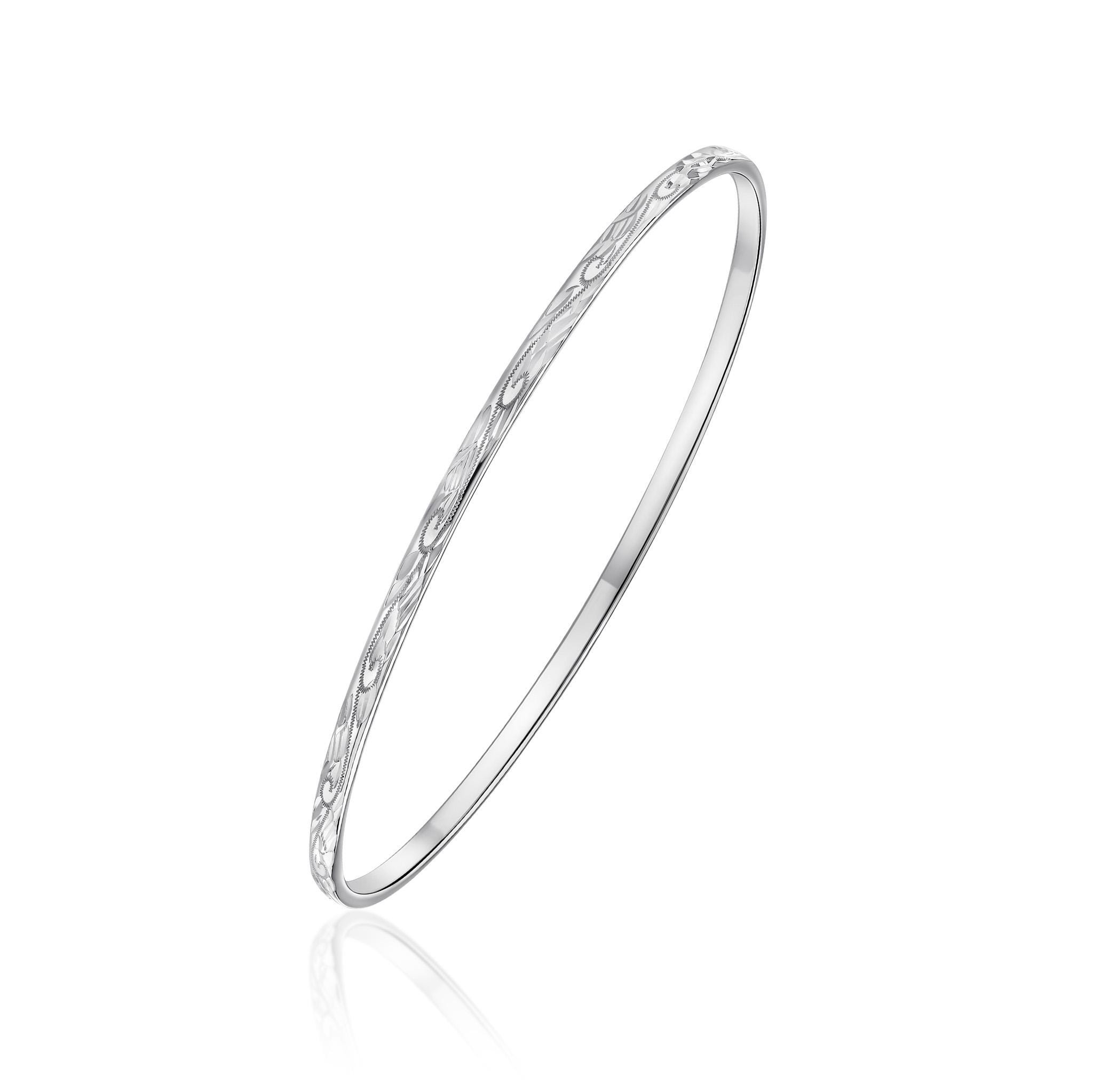 925 Sterling Silver Diamond Cut Flat Stacker Bangle With Engraved