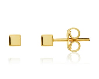 9CT Yellow Gold Polished Cube Stud Earrings, 3mm