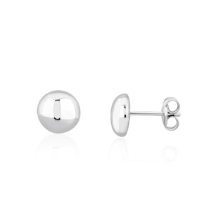 May include: A pair of silver stud earrings with a smooth, round design.