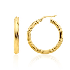 May include: Gold hoop earrings with a twisted design. The earrings are approximately 1 inch in diameter.