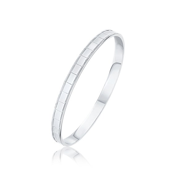 925 Sterling Silver Flat Bangle With Diamond Cut Square Mirror