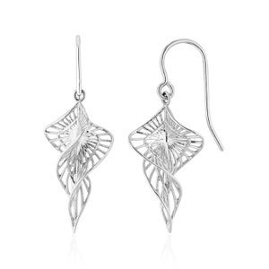 May include: Silver dangle earrings with a delicate, twisted, and openwork design. The earrings have a geometric shape and a modern style.