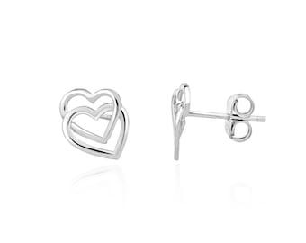 9CT White Gold Double Heart Stud Earrings