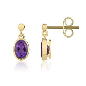 9CT Yellow Gold 6x4mm Oval Amethyst Drop Earrings