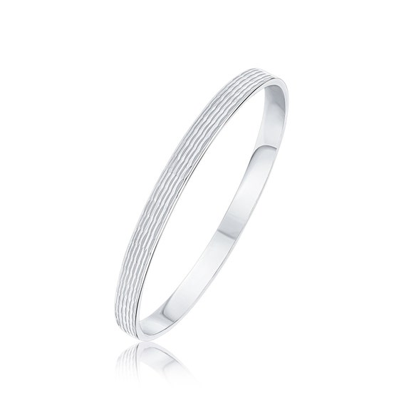 925 Sterling Silver Diamond Cut Flat Bangle With Parallel Marquise