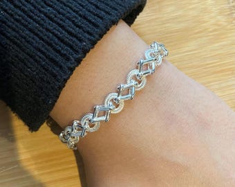 Handmade 925 Sterling Silver Textured Circle Square Bracelet