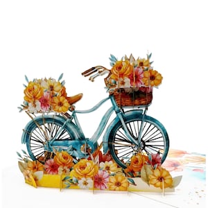 Tarjeta desplegable 3D de bicicleta vintage con flores. Saludo hecho a mano para cumpleaños, agradecimiento o Día de la Madre. Incluye sobre y funda.