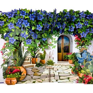 Könnte beinhalten: Detaillierte Pop-up-Karte mit einer Gartenszene. Blaue Blumen fallen über eine weiße Wand mit einer Holztür. Topfpflanzen und ein Steinweg sorgen für Tiefe. Die Karte ist geöffnet und zeigt das aufwendige Design.