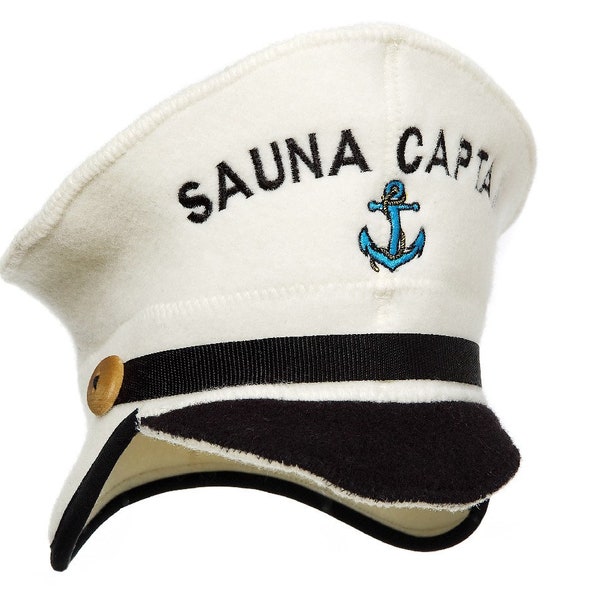 Chapeau de sauna amusant 100 % feutre de laine « Sauna Captain » avec logo brodé pour garder la tête froide dans le sauna, le bania ou le bain à remous