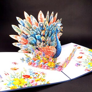 Cartão pop-up 3D feito à mão – Design colorido de pavão e flores | Aniversário, Dia das Mães, Aniversário de Casamento | Inclui envelope, tamanho 15 x 20 cm