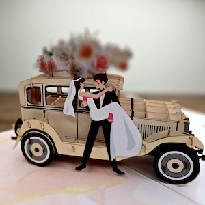 Handmade 3D Pop-Up Wedding Car Card | Handmade with Envelope & Romantic Rose Design I Size 15x20cm