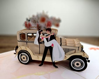 Handmade 3D Pop-Up Wedding Car Card | Handmade with Envelope & Romantic Rose Design I Size 15x20cm