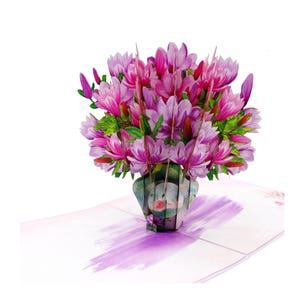 Biglietto d'auguri pop-up 3D con bouquet di fiori di magnolia viola / Design tagliato al laser fatto a mano / Biglietto di auguri per compleanno o pronta guarigione / Busta e custodia incluse