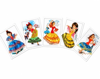 Postal de flamenco español con vestido de tela estilo vintage