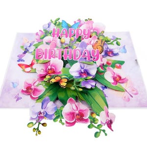 Elegant 3D Pop-Up Birthday Greeting Card – Orchid Bouquet, Includes Envelope & Protective Sleeve