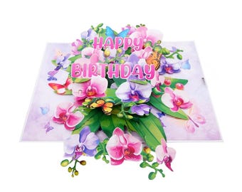 Elegante tarjeta de felicitación de cumpleaños 3D desplegable: ramo de orquídeas. Incluye sobre y funda protectora.