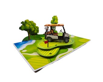 3D Pop-Up Golf Card | Handmade Laser Cut Golf Cart Scene | Birthday, Retirement, Adventure Card | 15x20cm with Envelope & Sleeve
