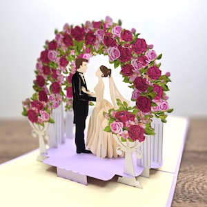 Handmade 3D Pop-Up Wedding Card | Newlyweds Under Roses | Eco-Friendly with Envelope | Size 15x15cm