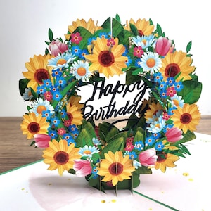 Cartão de aniversário floral pop-up 3D feito à mão com envelope, ecológico, tamanho 15 x 15 cm