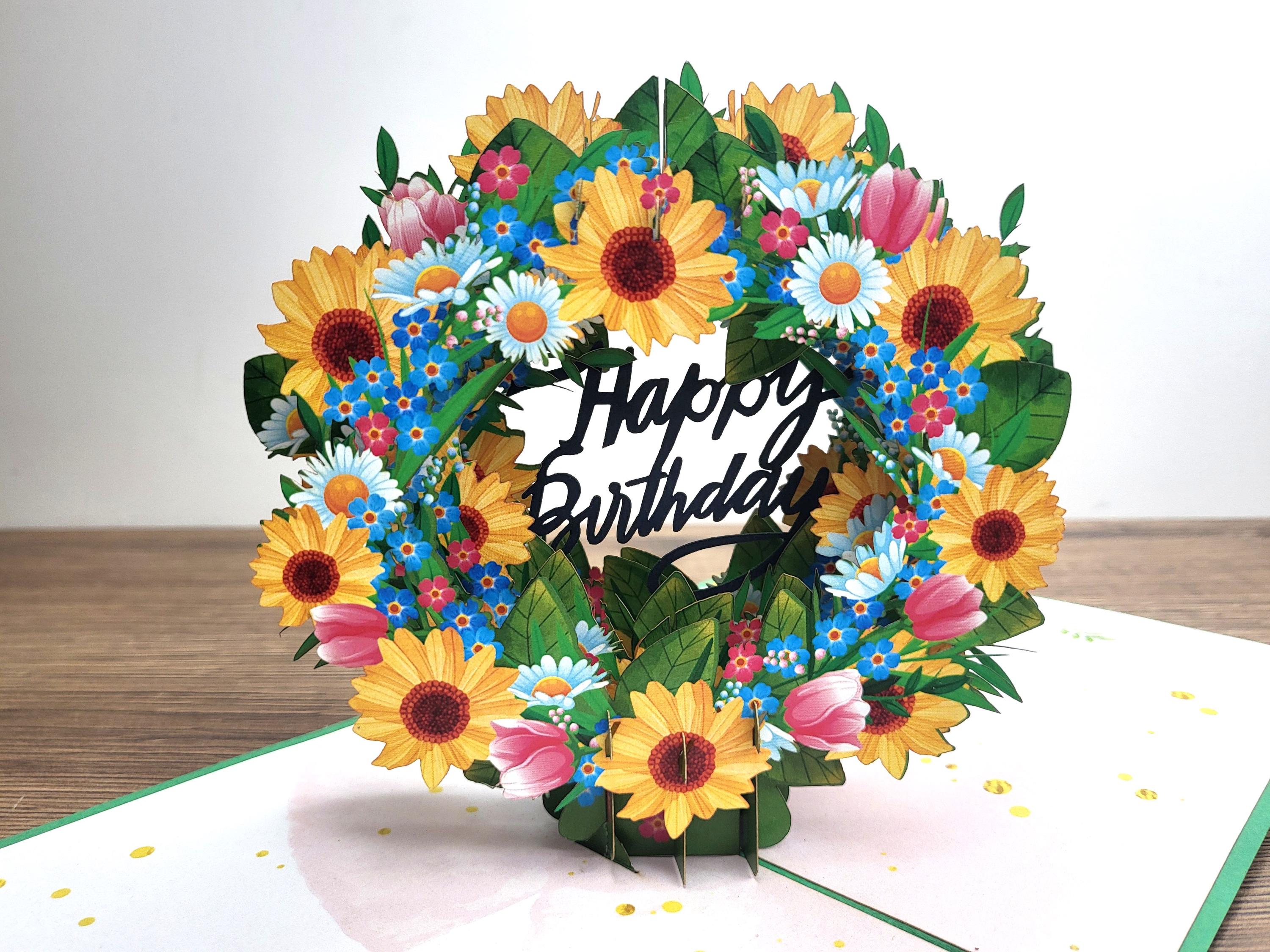 Handmade 3D Pop-Up Floral Birthday Greeting Card with Envelope, Eco-Friendly, size 15x15cm