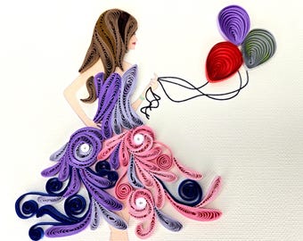 Elegant Quilling Birthday Card | Woman with Balloons Artwork | Handmade with Envelope 15x15cm