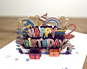 Unicorn Lover&#39;s 3D Pop-Up Birthday Card | Gift Boxes &quot;Happy Birthday&quot; | Handmade with Envelope & Protective Sleeve | Size 13x18cm