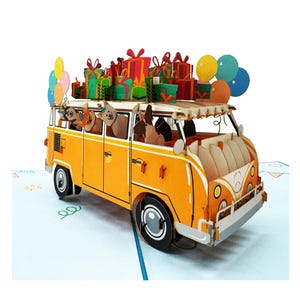 Carte d'anniversaire 3D pop-up Fun Party Bus pour enfants | Chiens et ballons | Fait main, respectueux de l'environnement avec enveloppe I Taille 15 x 20 cm