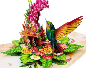 Handmade 3D Pop-Up Card – Hummingbird & Flowers Design | Birthday, Mother’s Day, Anniversary | Includes Envelope, size 15x20cm