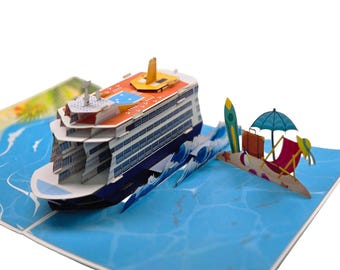 Tarjeta 3D desplegable de crucero: tarjeta de felicitación de vacaciones hecha a mano con sobre: regalo de viaje, cumpleaños, sorpresa de buen viaje