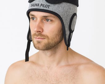 100% Wool Felt Sauna Hat with Embroidery, Funny Biker Pilot Helmet for Men and Women