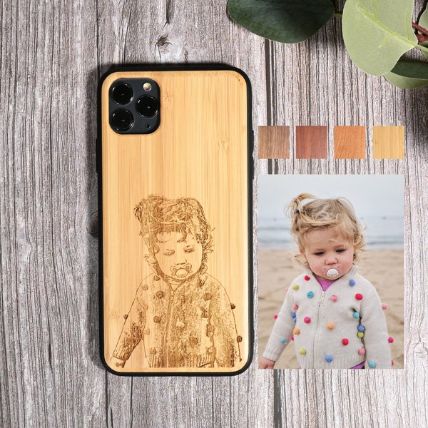 Coque de portable en bois véritable avec photo gravée • Coque de portable en bois personnalisée • Coque de portable en bois personnalisée • Coque de portable en bois véritable portrait • Bois pour iPhone