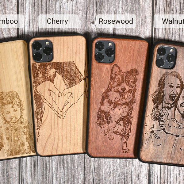 Étui de téléphone en bois véritable gravé avec photo • Étui de téléphone en bois personnalisé • Étui en bois personnalisé • Étui de téléphone en bois portrait réel • Bois iPhone