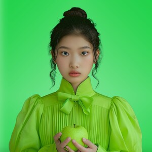 Può includere: Una giovane persona che indossa un vestito verde plissettato con un grande fiocco verde e tiene una mela verde.