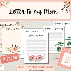 Conjunto de paquetes florales de Carta a mi mamá con sobre imprimible: regalo reflexivo para el Día de la Madre, papel de papelería