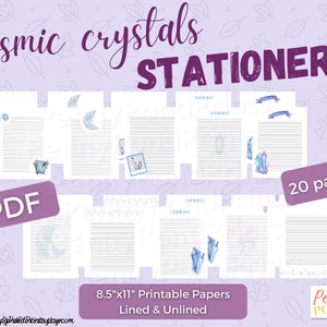 Pages de papeterie imprimables de cristaux cosmiques pour Bullet Journal, Junk Journals, Notebooks. Lot de 20 papiers lignés et vierges numériques