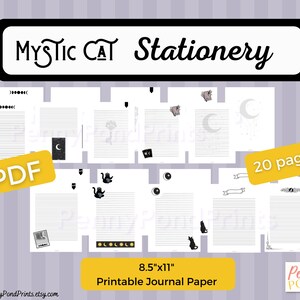 Pages de papeterie imprimables Mystic Cat pour Bullet Journal, Junk Journals, Notebooks. Lot de 20 papiers lignés et vierges numériques