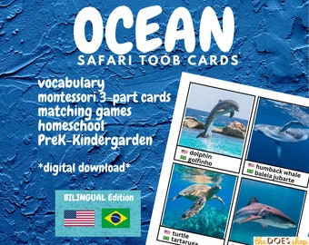 Bilingual Ocean Animals Cards matching Safari TOOB Figurines for printable homeschool activities, Montessori method, in Portuguese