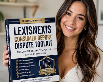 May include: A LexisNexis Consumer Report Dispute Toolkit manual featuring a dark blue and white cover with gold accents. The text reads LexisNexis Consumer Report Dispute Toolkit, 20 Editable Letter Templates, and DIY Step-By-Step Guide.
