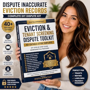 以下が含まれることがあります： 「Eviction & Tenant Screening Dispute Toolkit」と題された濃紺と白のデジタル製品カバー。40種類以上の編集可能な手紙テンプレート、ステップバイステップガイド、ワークシート、および不正確な賃貸記録を異議申し立てするためのトラッカーが含まれています。